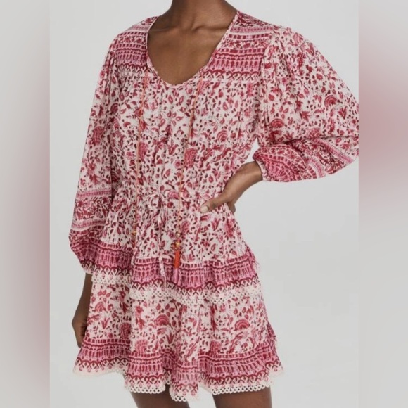 Alicia Bell Floral Beaded Tassel Tie VNeck Ruffle Ari Mini Dress Red Pink EUC - Picture 5 of 16